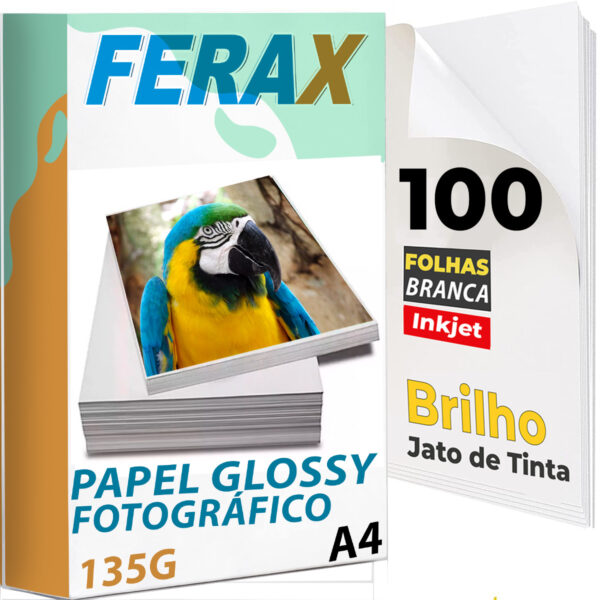 Papel Fotográfico Glossy Adesivo 135g A4 Ferax com 100 folhas para impressoras jato de tinta. Ideal para adesivos, etiquetas e rótulos com brilho intenso e alta definição.