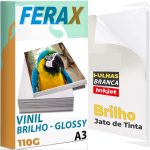 Vinil adesivo branco brilho Ferax A3 para impressora jato de tinta