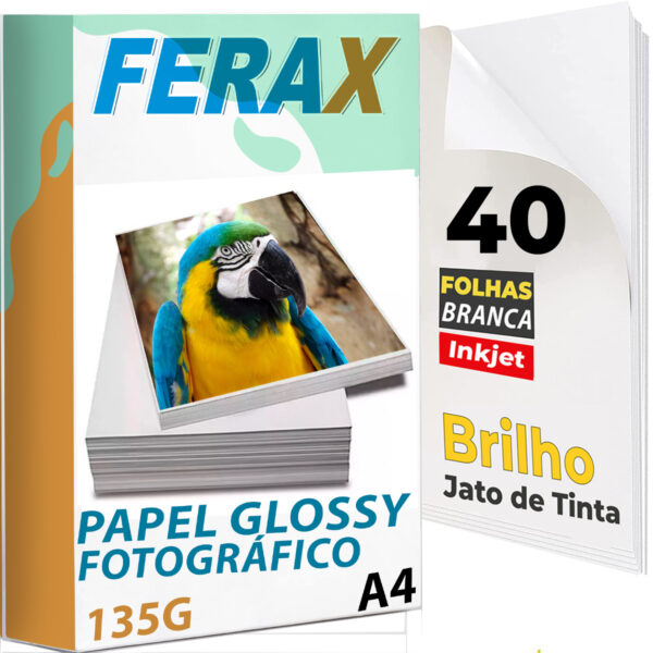 Papel Fotográfico Glossy Adesivo 135g A4 Ferax com 40 folhas para impressoras jato de tinta. Ideal para adesivos, rótulos e impressões com brilho intenso e cores vivas.