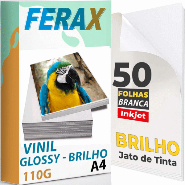 Vinil adesivo branco brilho Ferax 110g A4 50 folhas para impressora jato de tinta