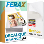 Papel Decalque Branco Adesivo A4 Gomado Ferax para impressoras jato de tinta. Indicado para transferências com fundo branco, alta definição e acabamento profissional.