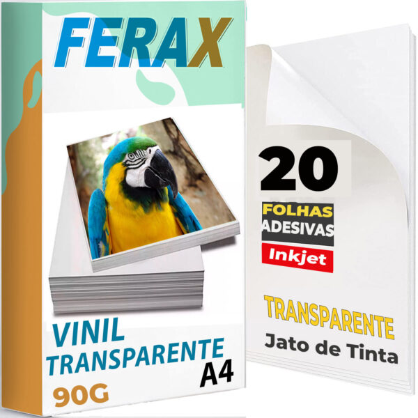 Vinil Adesivo Transparente A4 Ferax 90g com 20 folhas para impressoras jato de tinta. Ideal para adesivos e rótulos com efeito translúcido, cores vivas e secagem rápida.