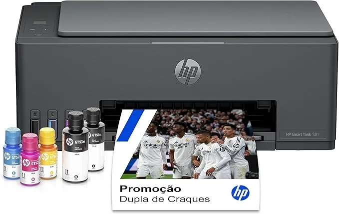 Impressora HP Smart Tank 581 com kit de garrafas de tinta e impressão colorida