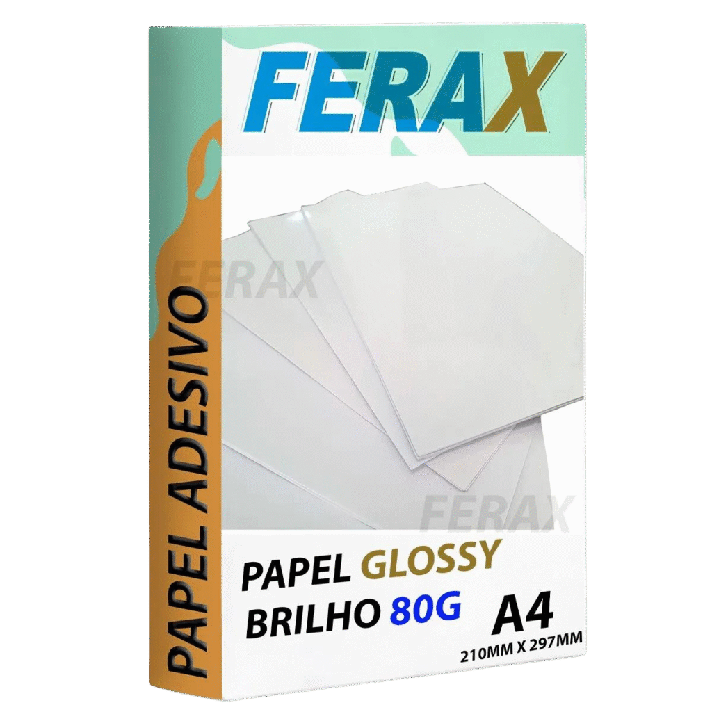 Papel Foto Adesivo 80g Ferax A4 para impressoras jato de tinta, indicado para adesivos e artesanato com alta definição e secagem rápida.