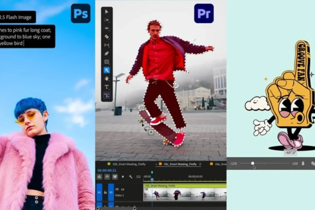 Criador usando Adobe Firefly com assistentes de IA em tela de computador para gerar designs profissionais