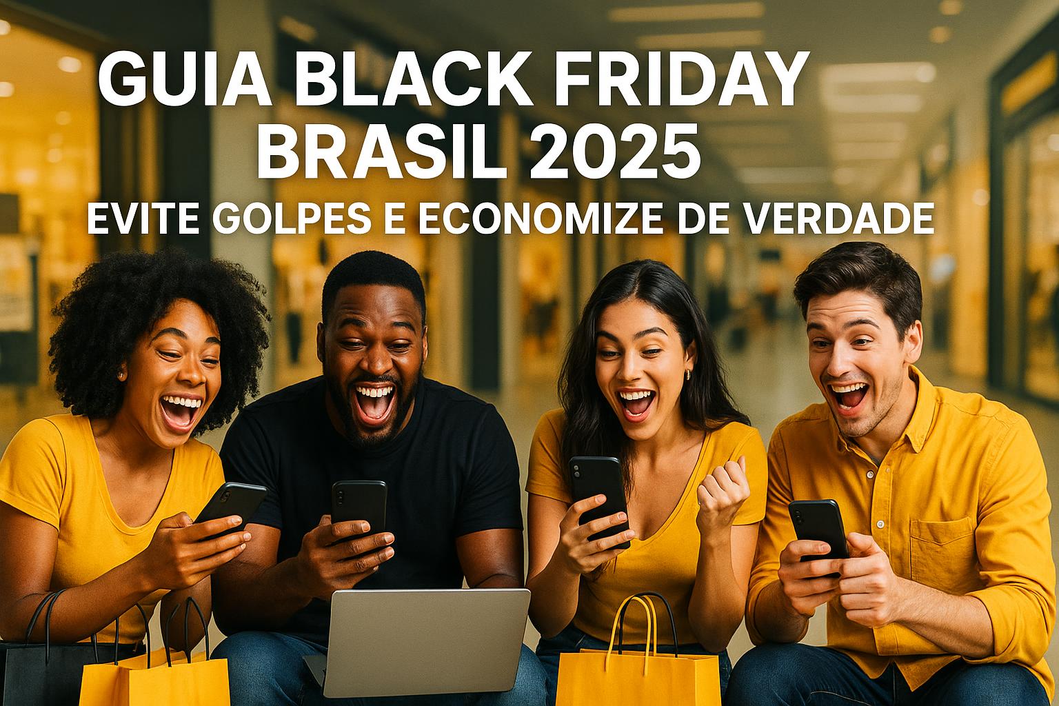 Três pessoas sorrindo usando notebook e celular durante pesquisa de ofertas online na Black Friday 2025 no Brasil — imagem ilustrativa do guia Ferax.