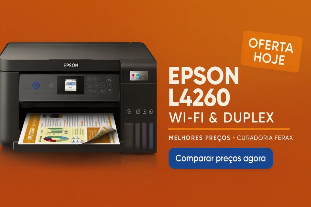 Imagem promocional da impressora Epson L4260 Ecotank Wi-Fi e Duplex com destaque para melhores preços e curadoria Ferax.