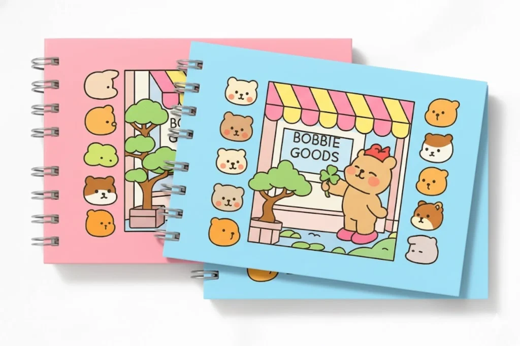 Livro de colorir Bobbie Goods nas versões azul e rosa com capa ilustrada
