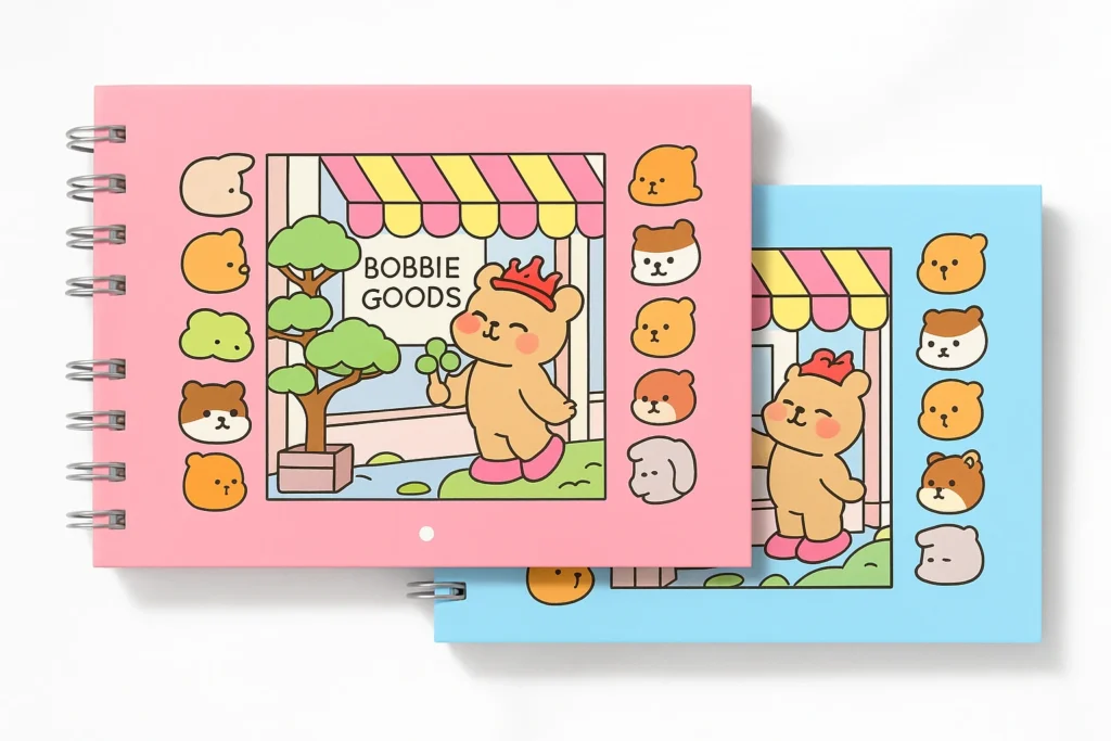 Livro de colorir Bobbie Goods em versões rosa e azul, ideal para usar com canetinhas Ferax.
