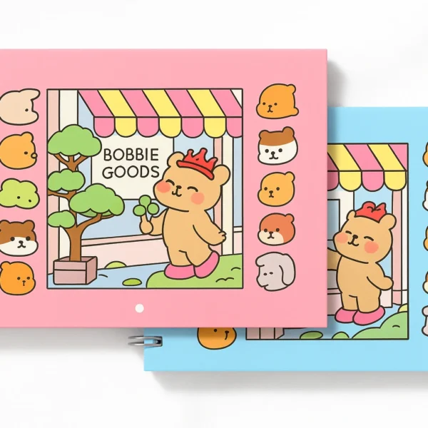 Livro de colorir Bobbie Goods em versões rosa e azul, ideal para usar com canetinhas Ferax.