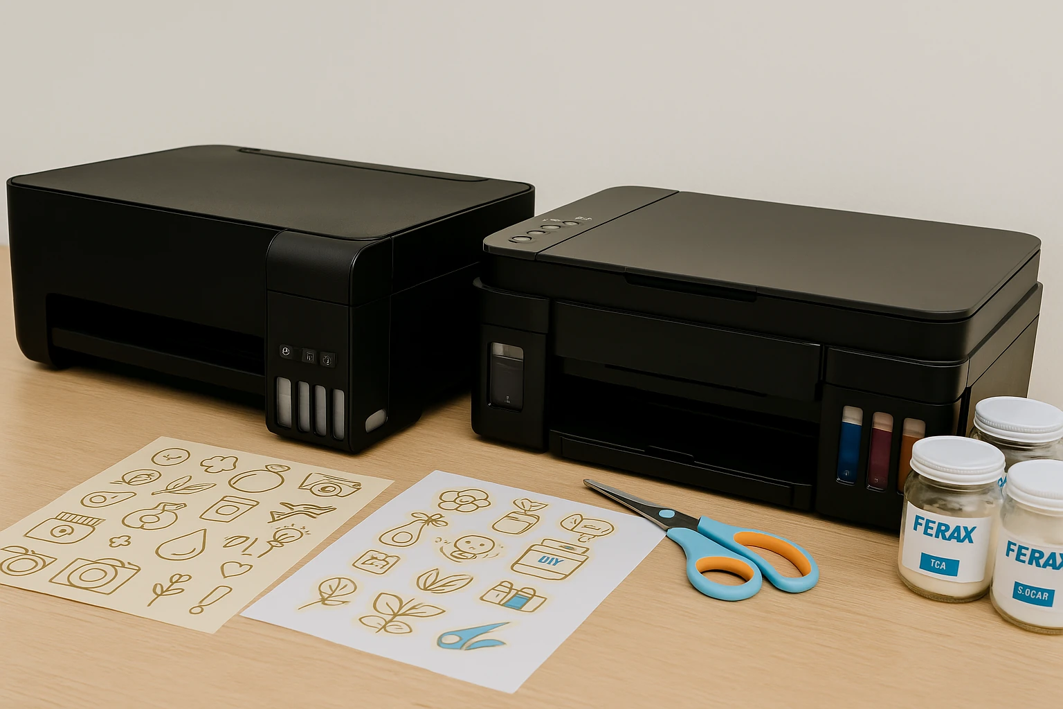 Impressoras Epson EcoTank L3250 e Canon Mega Tank G3111 lado a lado em bancada clara com folhas de vinil adesivo A4, tesoura e frascos rotulados, sugerindo impressão de etiquetas DIY.