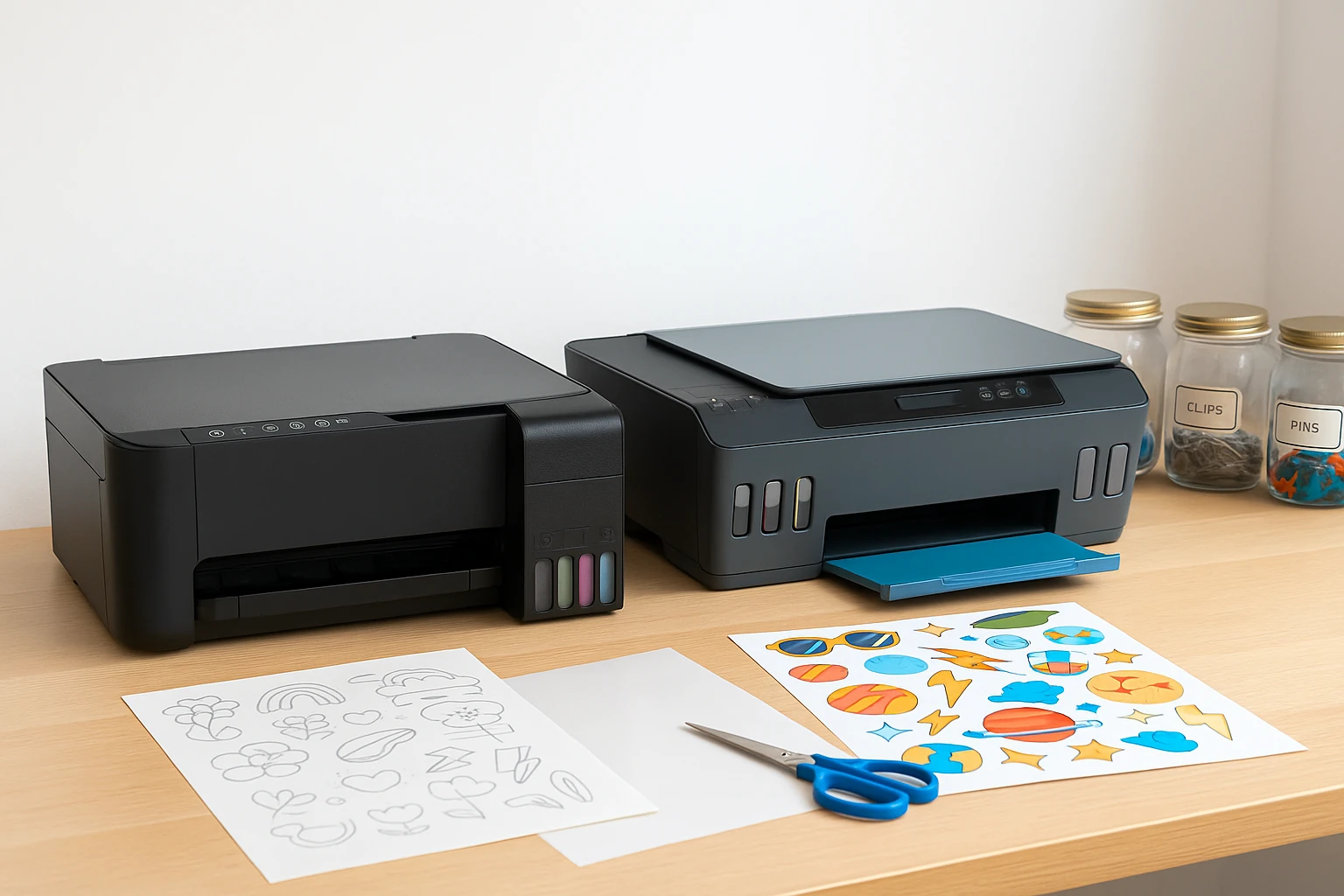 Duas impressoras tanque de tinta lado a lado — Epson EcoTank L3250 e HP Smart Tank 517 — sobre uma bancada clara com folhas de vinil adesivo A4, tesoura e potes rotulados, sugerindo impressão de etiquetas DIY.