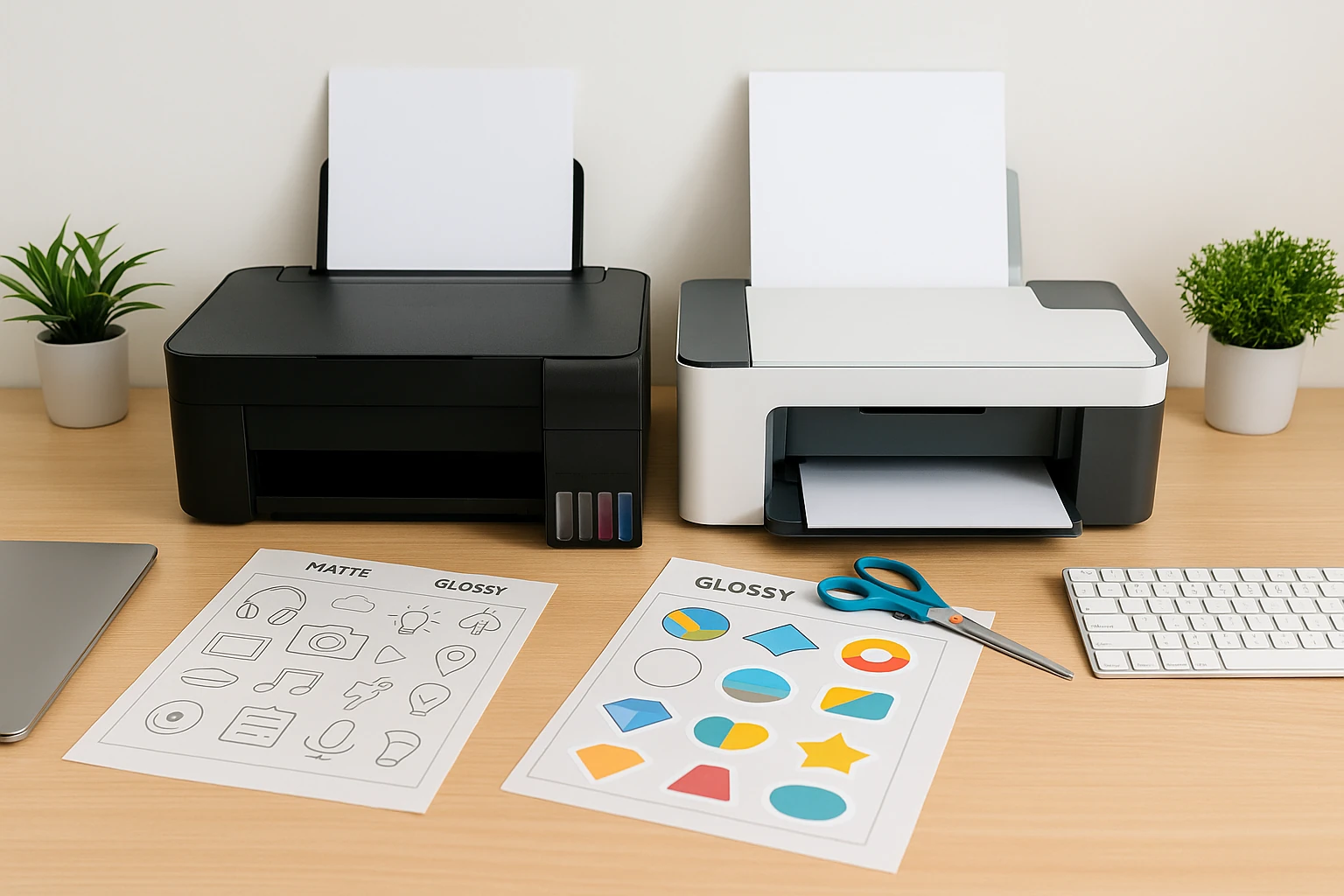 Comparativo entre impressora jato de tinta Epson L3250 e impressora a laser em mesa de escritório moderna com folhas A4 e itens de trabalho.