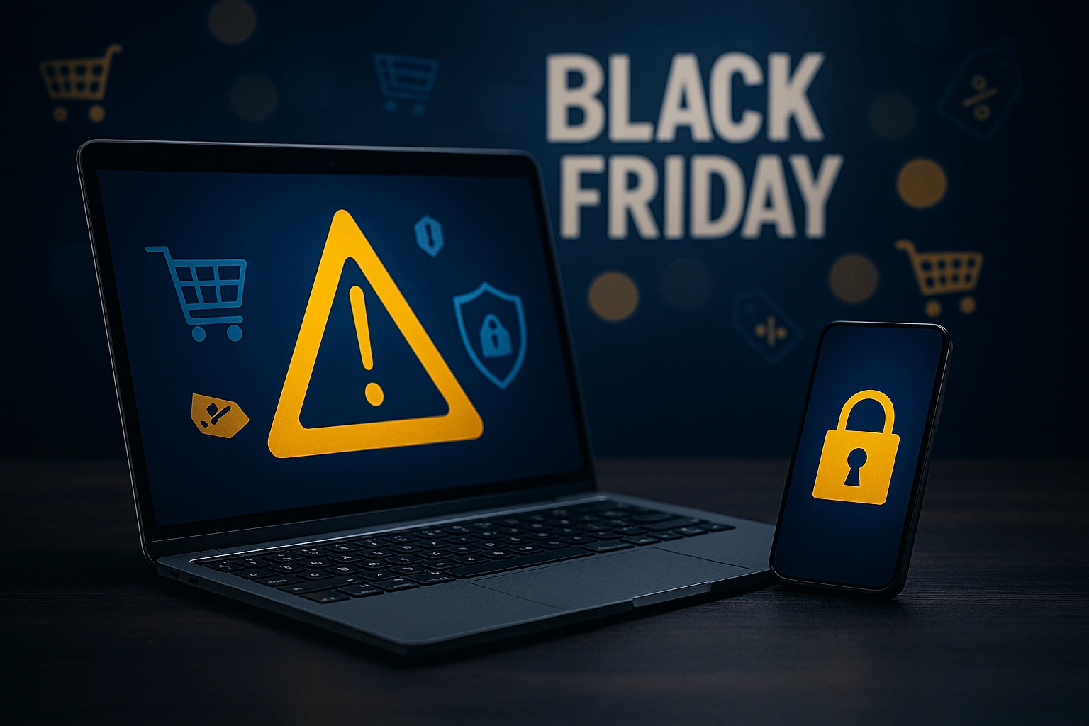 Imagem ilustrativa mostrando laptop com alerta de segurança e ícones de cadeado e aviso, representando os cuidados com golpes em compras online na Black Friday 2025.
