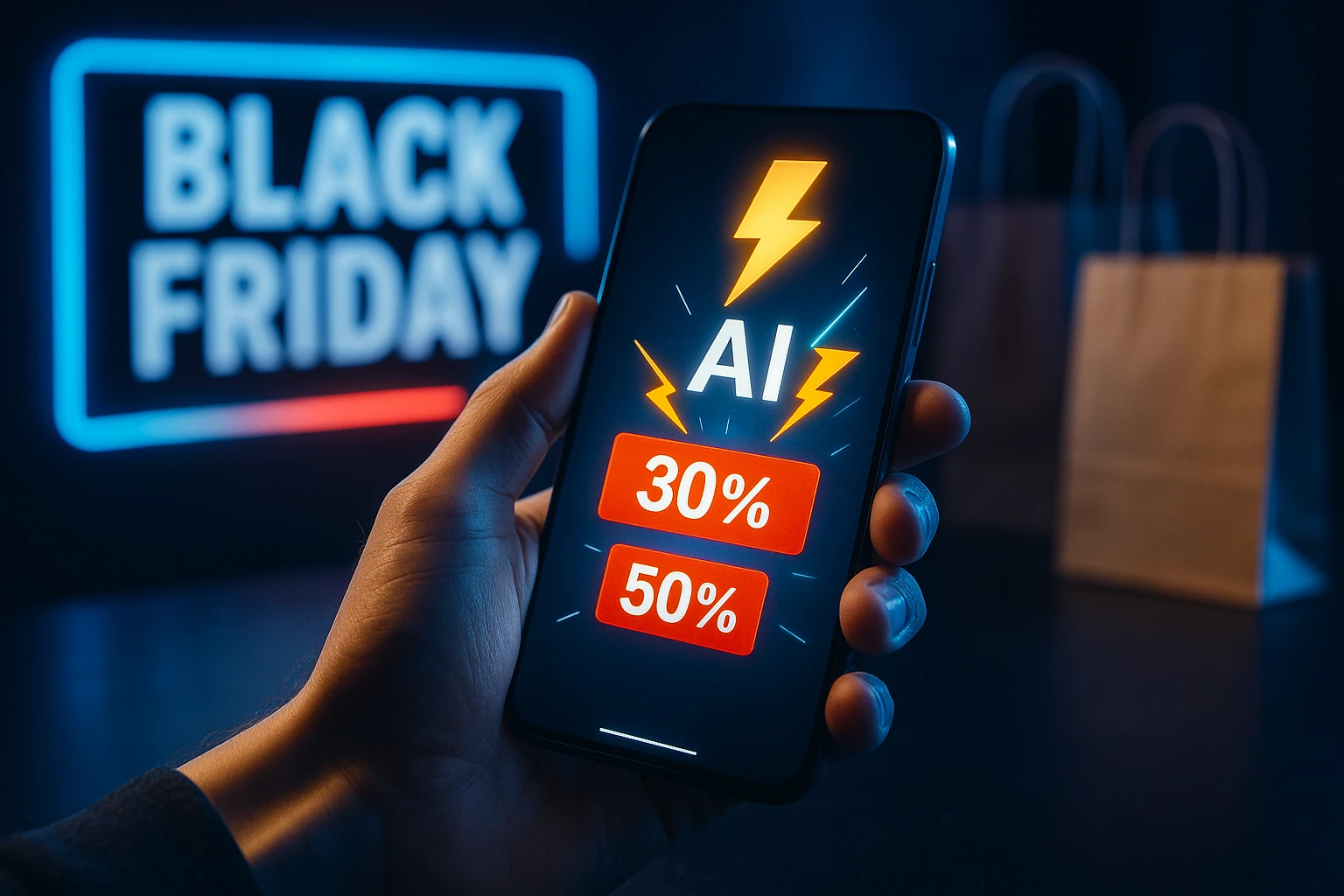 Ofertas relâmpago com inteligência artificial na Black Friday — descontos automáticos e promoções rápidas em tempo real.