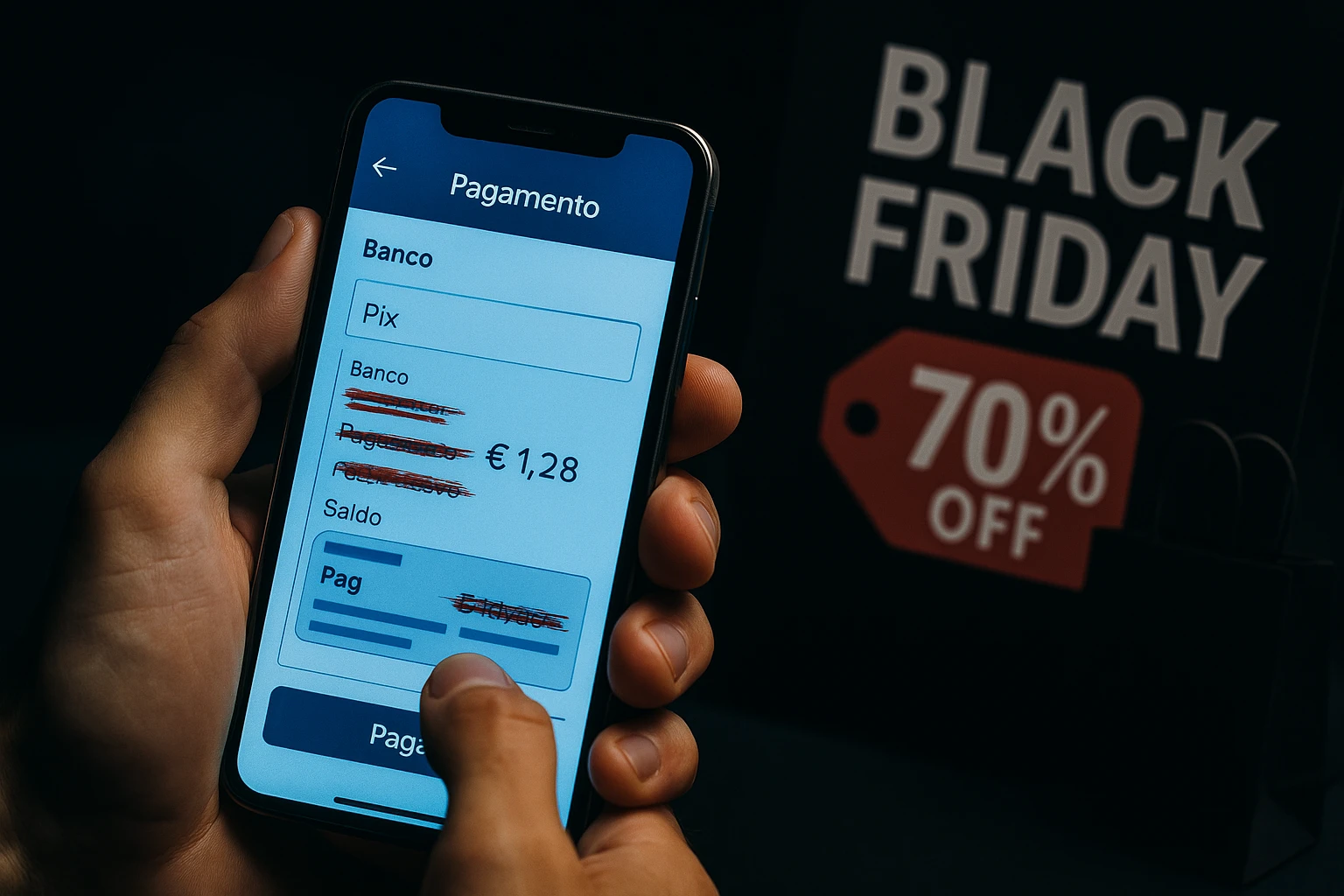 Golpe do Pix na Black Friday — alerta de fraude digital em pagamentos online, com celular e banner de 70% OFF.