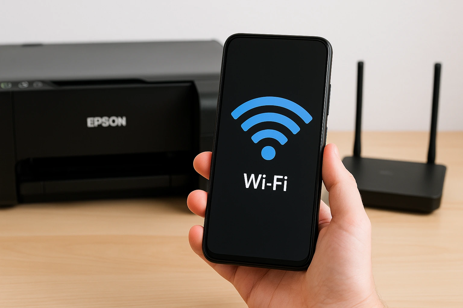 Celular mostrando ícone de Wi-Fi em frente a uma impressora Epson e roteador sobre a mesa 🗒️ Legenda