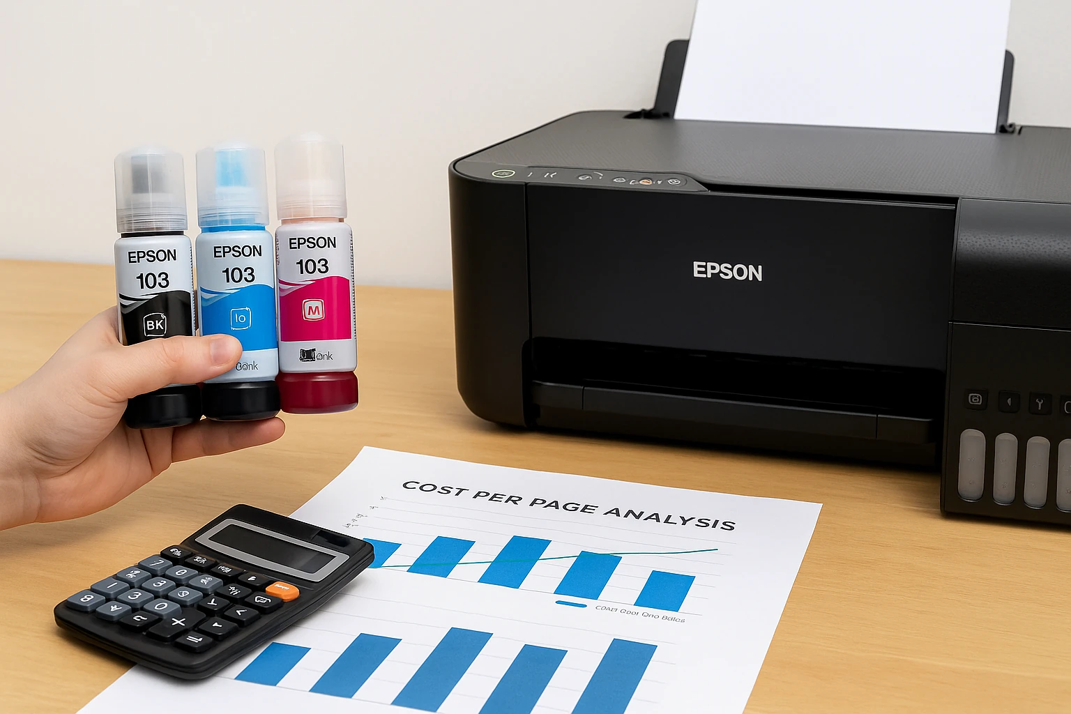 Impressora Epson L3250 com tintas e planilha de custos sobre mesa de trabalho