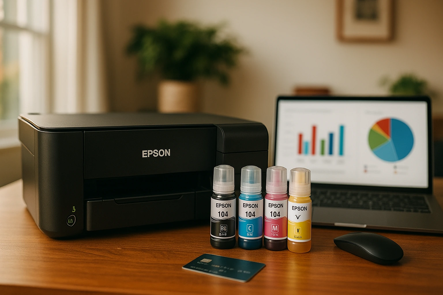 Epson L3250 com frascos de tinta originais em mesa de escritório durante análise de compra Black Friday