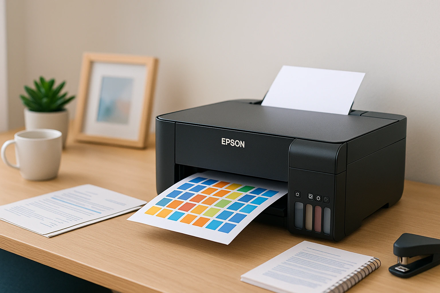 Impressora Epson L3250 em uma mesa de home office imprimindo uma folha colorida com quadrados, ao lado de documentos, caneca e planta decorativa.