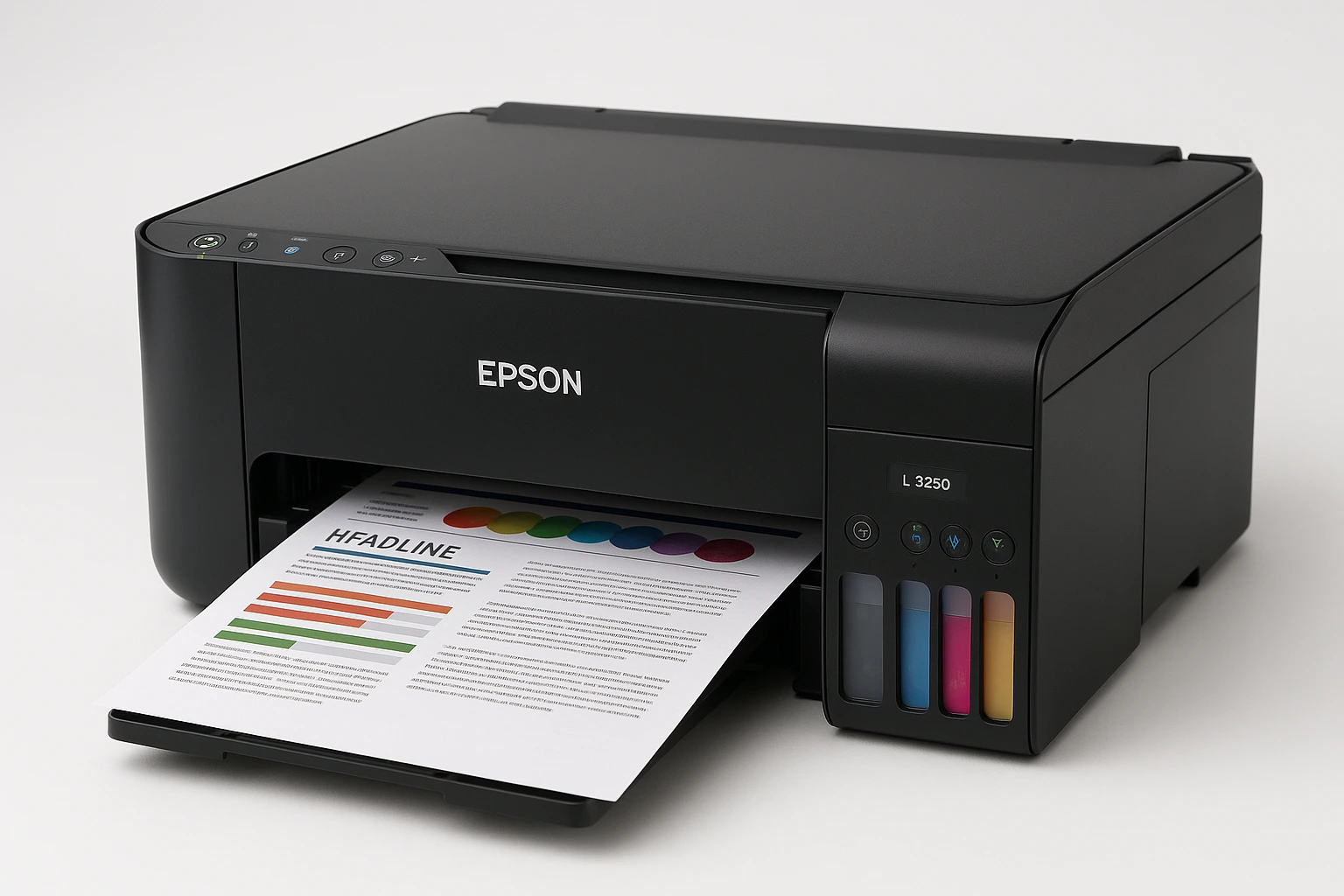 Foto realista da impressora Epson EcoTank L3250 com seus quatro tanques de tinta, posicionada sobre mesa de trabalho e imprimindo uma folha colorida.