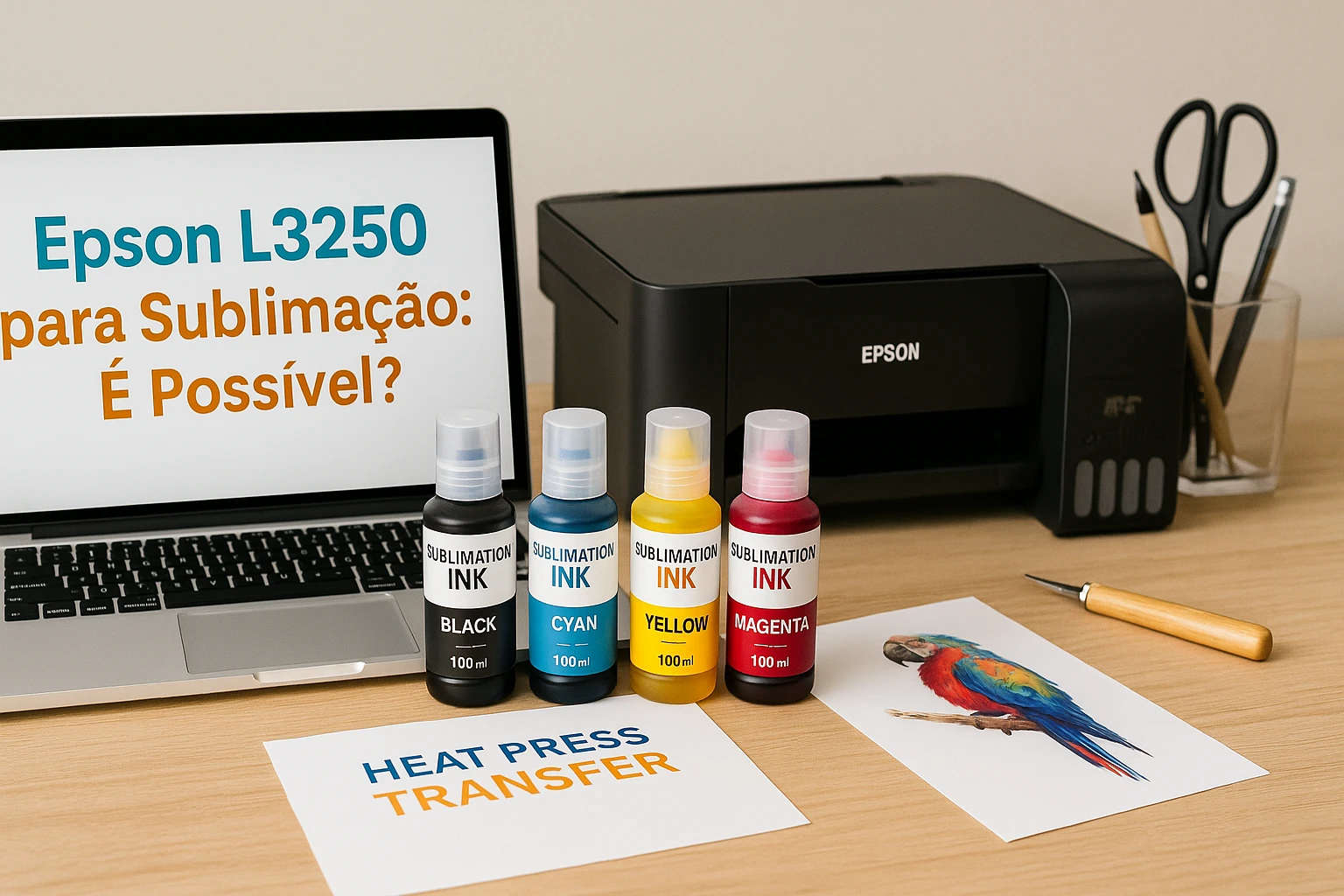 Impressora Epson L3250 adaptada para sublimação com garrafas de tinta coloridas e prensa térmica ao fundo.