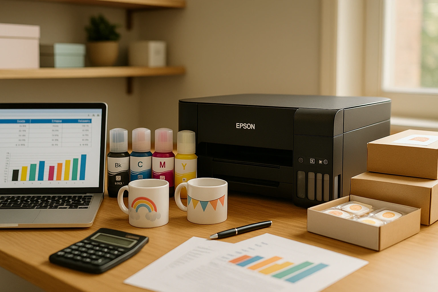 Impressora Epson L3250 em mesa de pequeno ateliê com notebook, tintas e calculadora, representando análise de ROI 🗒️ Legenda