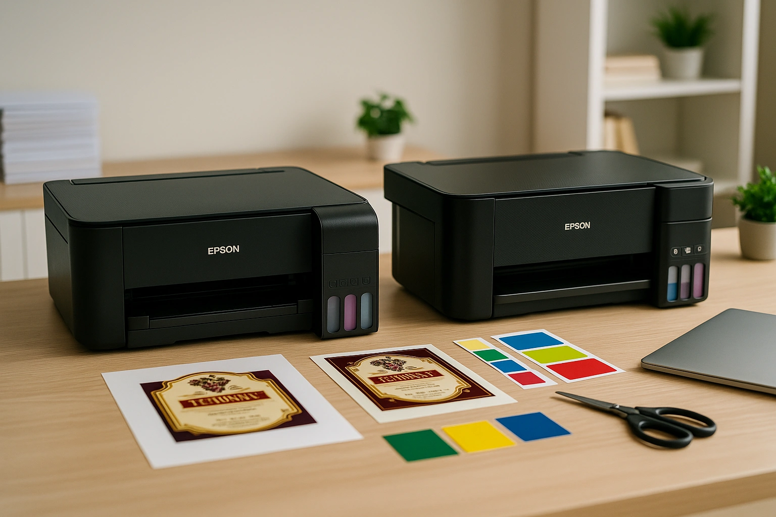 Comparativo Epson L3250 vs L3210 – Impressoras lado a lado em ambiente de trabalho, com materiais de impressão e adesivos Ferax.