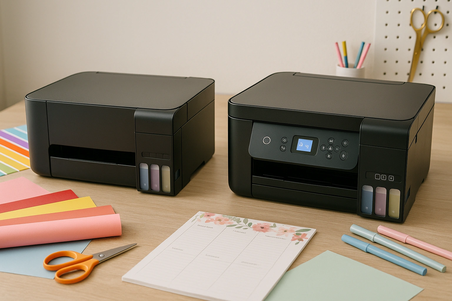 Comparativo entre as impressoras Epson EcoTank L3250 e L4260 sobre uma mesa de artesanato, mostrando design e recursos lado a lado. Imagem ilustrativa