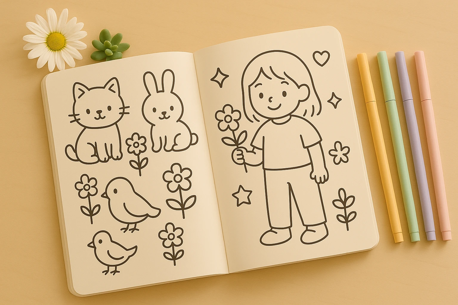 Livro de colorir Ferax com desenhos minimalistas estilo aesthetic sobre mesa de madeira