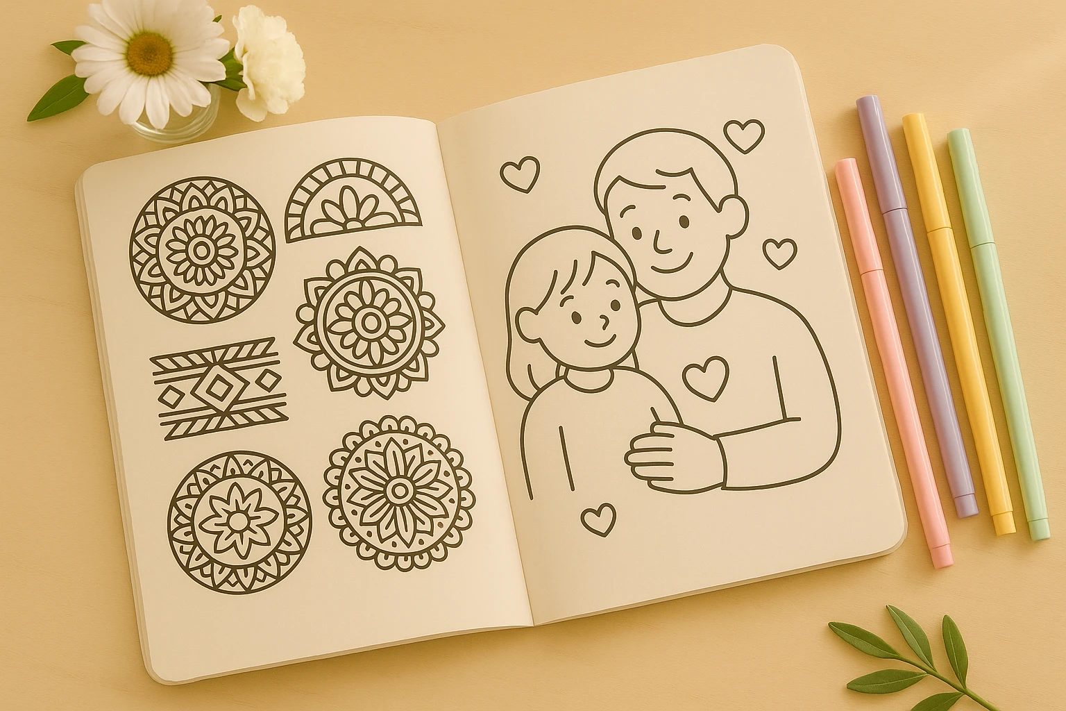 Livro de colorir Ferax aberto com desenhos de plantas e objetos no estilo aesthetic artesanal sobre mesa de madeira