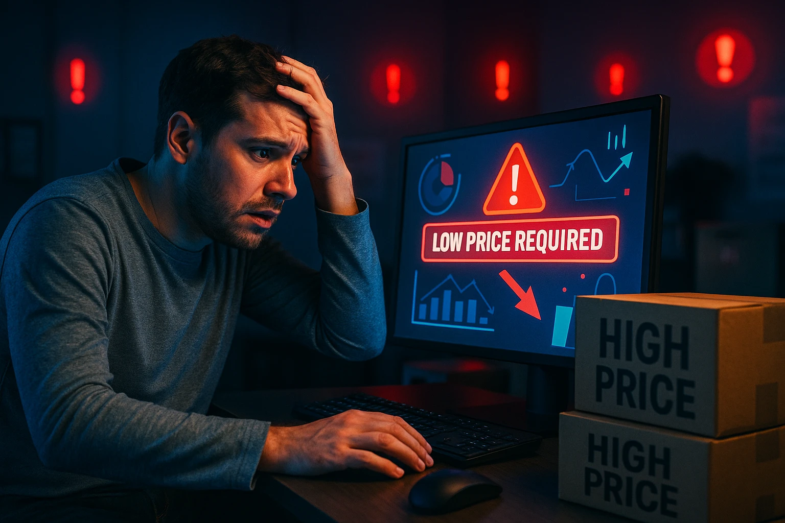 Homem preocupado observa alerta na tela com a mensagem “Low Price Required” representando a pressão do Mercado Livre por preços mais baixos.