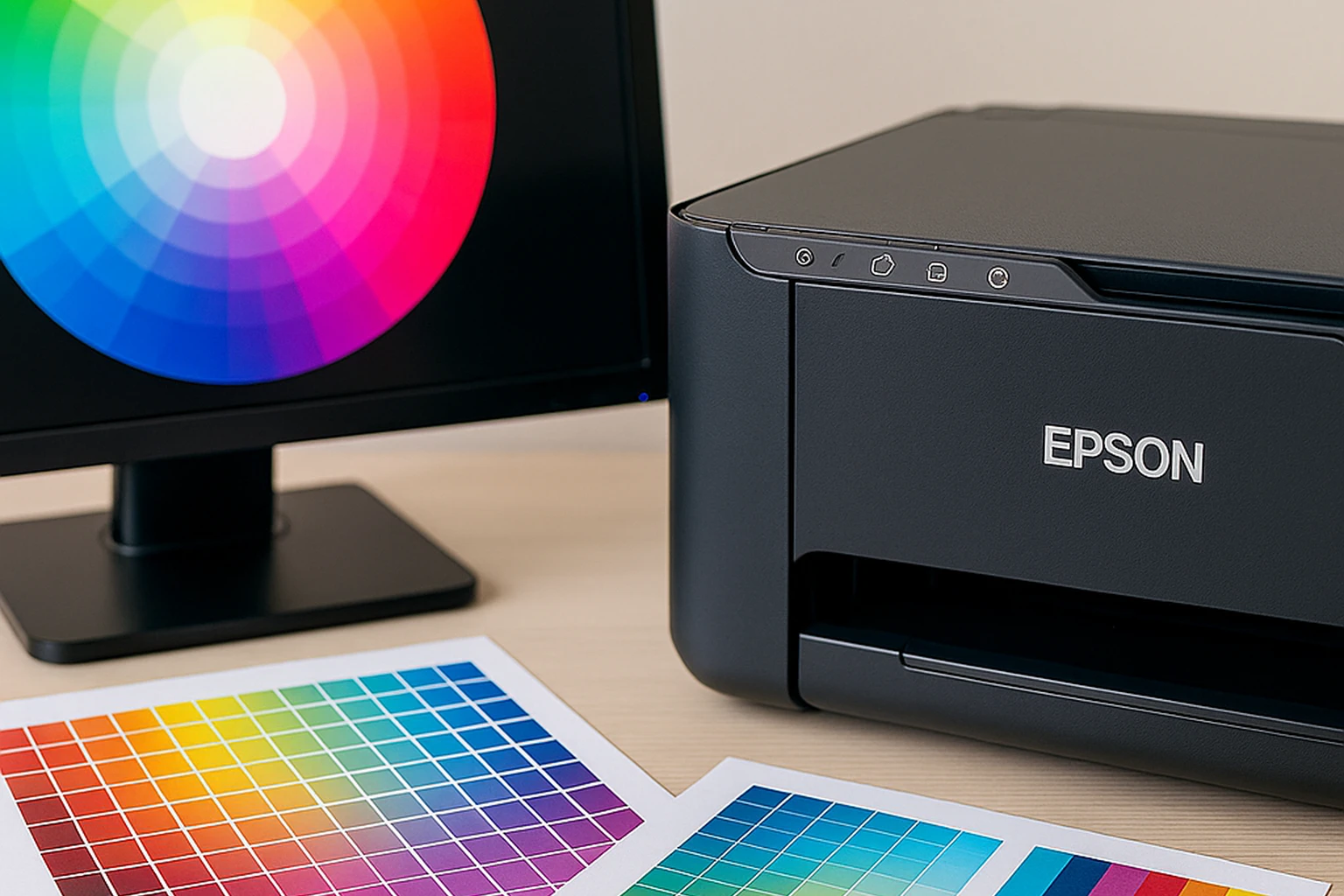 Monitor com círculo de cores e impressora Epson ao lado de charts de cor impressos
