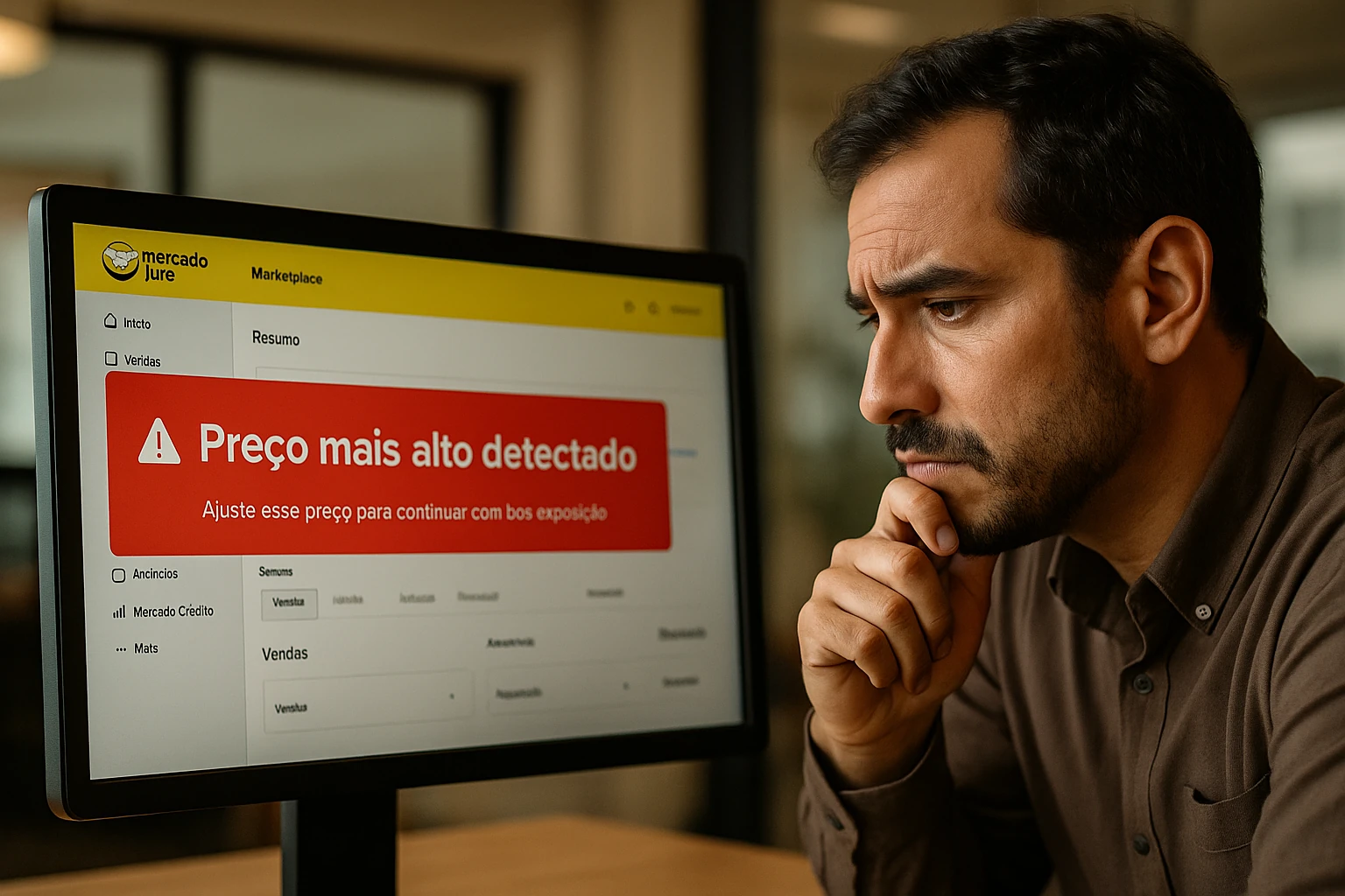 Vendedor brasileiro observa alerta no painel do Mercado Livre sobre preço mais alto detectado em outro canal.