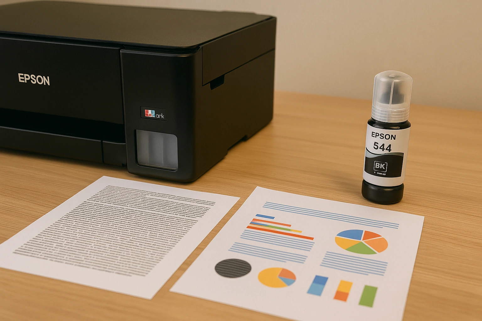 Comparação entre impressão em preto e colorida ao lado de impressora tanque de tinta Epson L3250