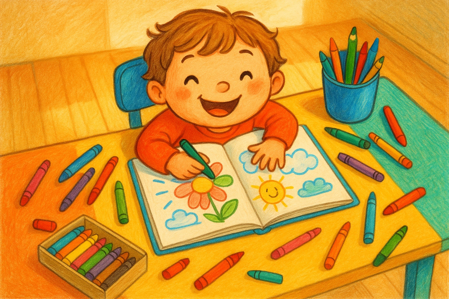 Criança feliz colorindo em um livro de colorir com materiais diversos