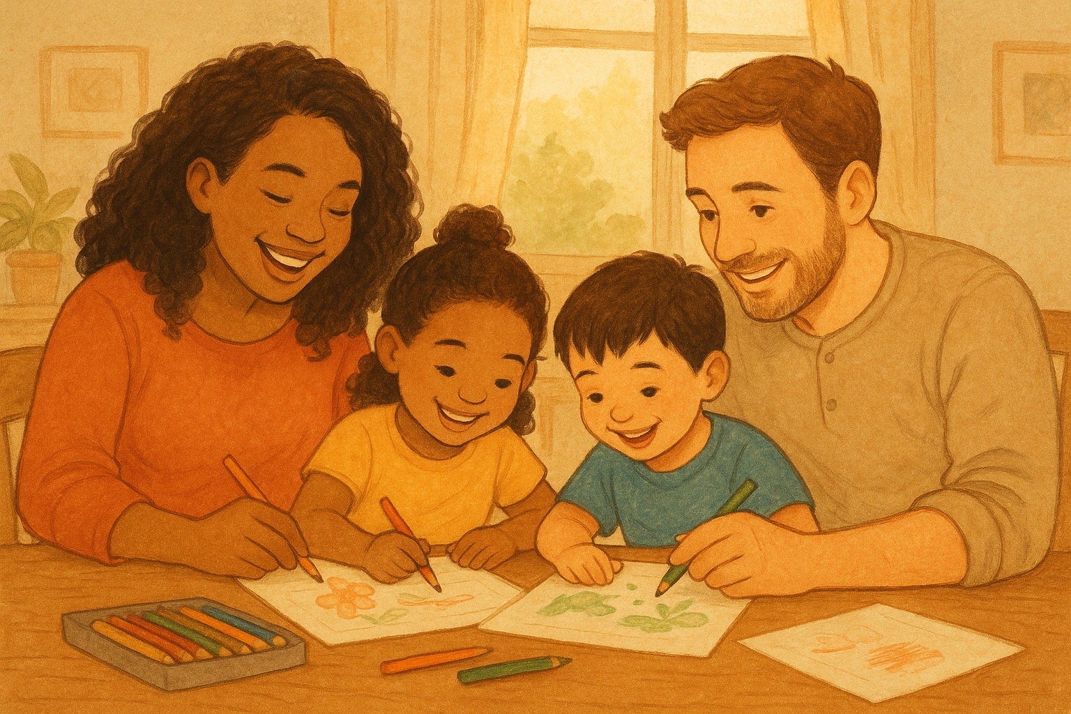 Família colorindo junta